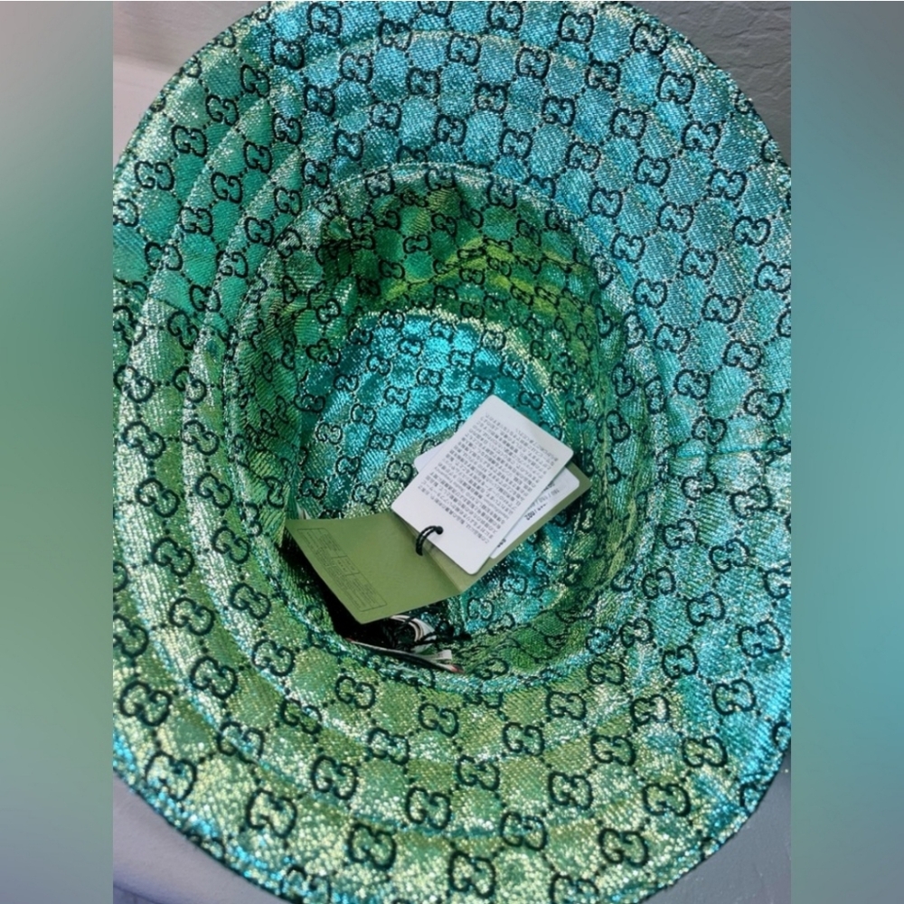 NWT Gucci Metallic Reversable Iridescent Green GG Bucket Hat Size Large - Picture 9 of 12